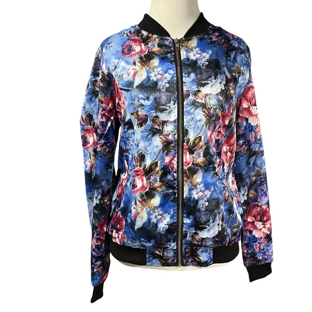 Allegra K M Floral Bomber Jacket Zip Up Stand Collar Lightweight streetwear fall